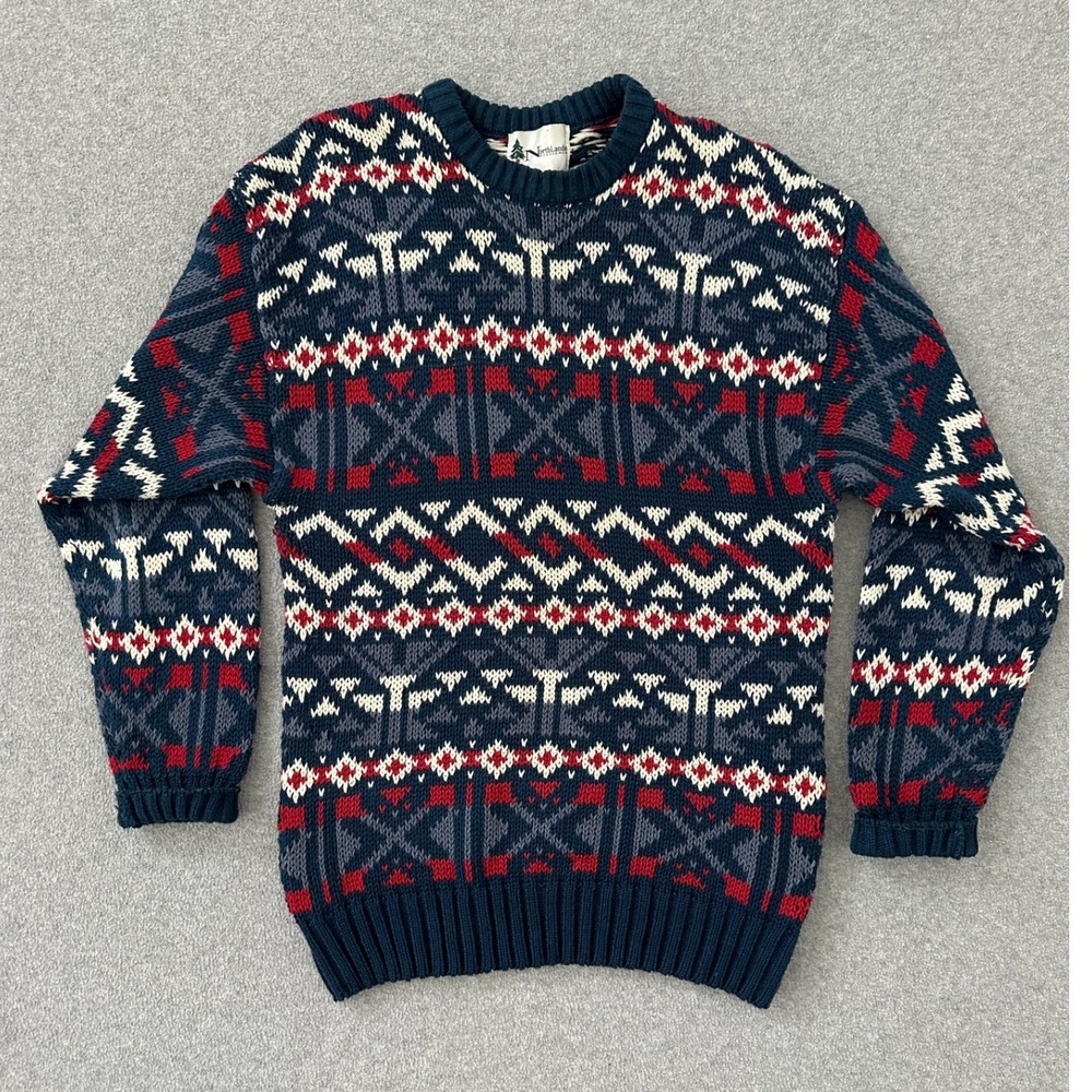 90s NorthLander Chunky Cable Knit Sweater Large Geometric Fair Isle Cozy Grandpa